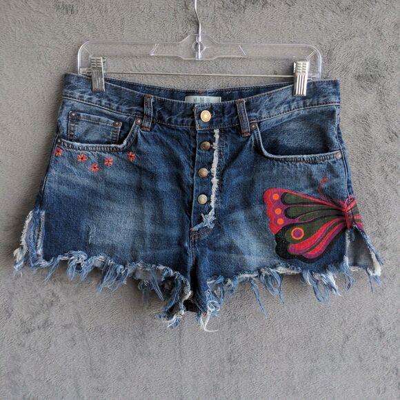 We The Free Pants - We The Free Denim Shorts Womens 29 Blue Butterfly Graphic Distressed Cut Off